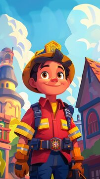 Whimsical Firefighter Adventure. Vibrant Heroics in a Colorful Cartoon World, Illustration of Cheerful Characters and Joyful Moments