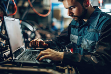 auto mechanic working on car diagnostic in auto repair shop - obrazy, fototapety, plakaty