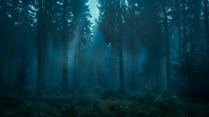 Misty forest cinematic photo. High quality
