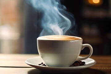 Freshly brewed coffee in a stylish mug with aromatic steam swirling above, set against a warm. Generated AI - obrazy, fototapety, plakaty