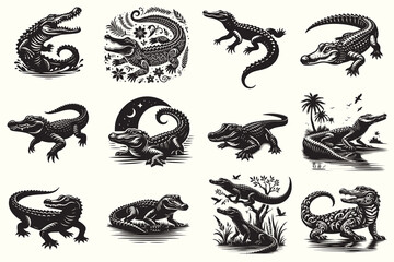 Alligator silhouette Vector Illustration Set - obrazy, fototapety, plakaty
