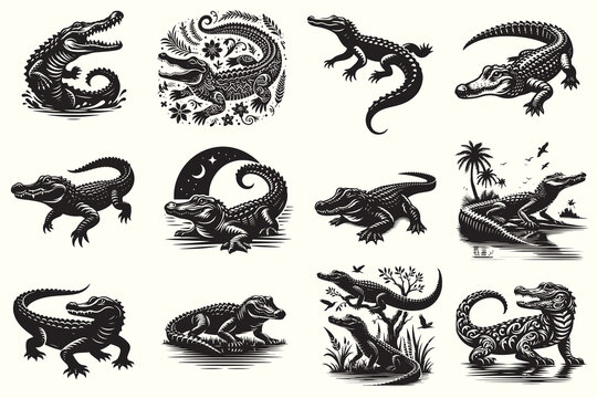 Alligator silhouette Vector Illustration Set