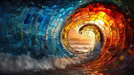 Stained glass, giant ocean wave. - obrazy, fototapety, plakaty