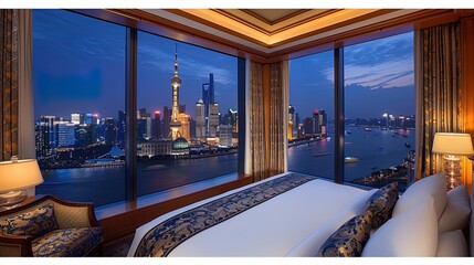 Plush suite in five-star hotel with elegant furnishings and city skyline view
