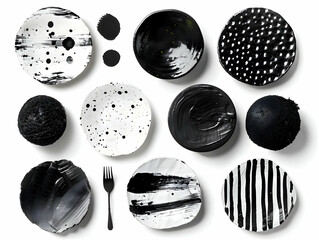 Hand made plates black and white colors isolated on a white background. High-resolution