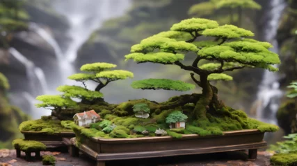 Selbstklebende Fototapeten shabby chic dreamy mist pastel junk journals The Bonsai Forest Retreat Imagine a room filled with miniature bonsai trees, each resembling a different landscape or mythical creature. Tiny waterfalls, m © Muhammad