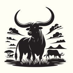 Longhorn cattle animals American forest Silhouette Vector Illustration