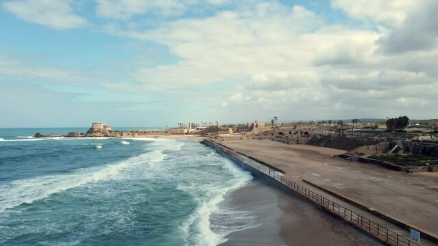 aerial photography from a drone of the Mediterranean coast in Caesarea