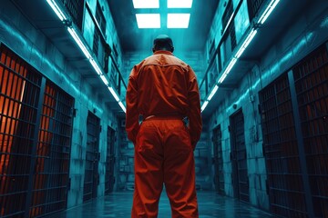 Concept of restricted freedom for inmates in orange jail. Generative Ai