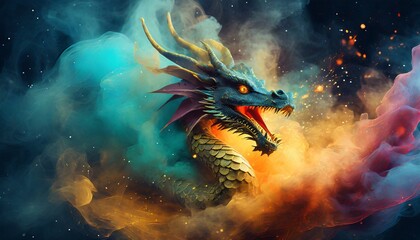 Naklejka na ściany i meble dragon and color smoke