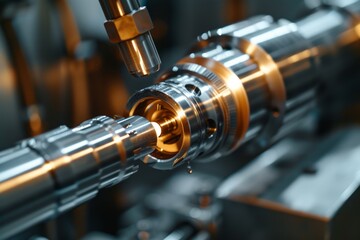 Fototapeta premium Close-up view of a modern hi-tech manufacturing machine at an automotive factory. High-precision robotic equipment for the production of modern car parts. Cutting edge Automotive Technologies.