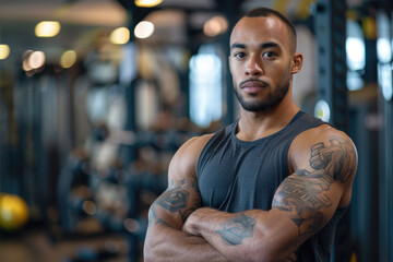 Confident male personal trainer with arms crossed in gym - obrazy, fototapety, plakaty