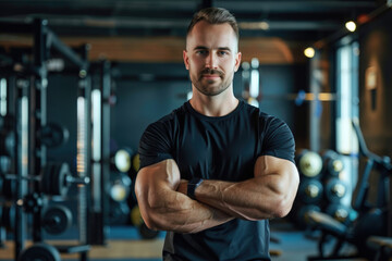 Fototapeta na wymiar Confident male personal trainer with arms crossed in gym