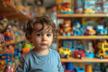 A small child is seen in front of the shelf in a toy store. Generative Ai