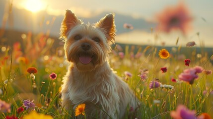 Yorkshire Terrier dog sitting in meadow field surrounded by vibrant wildflowers and grass on sunny day.