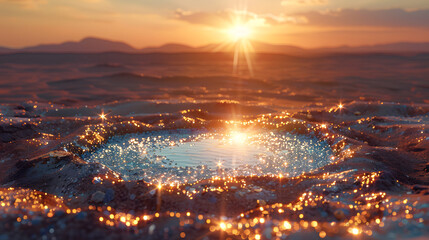 A golden glitter desert scene with a pond of water reflecting the sun above.