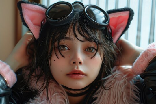 A girl with a cat ear clothing. Generative Ai