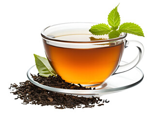 a cup of tea in a saucer serving with tea leaves and some cloves 
