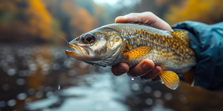 A fisherman in the rain, releasing a beautiful trout in a peaceful autumn river.