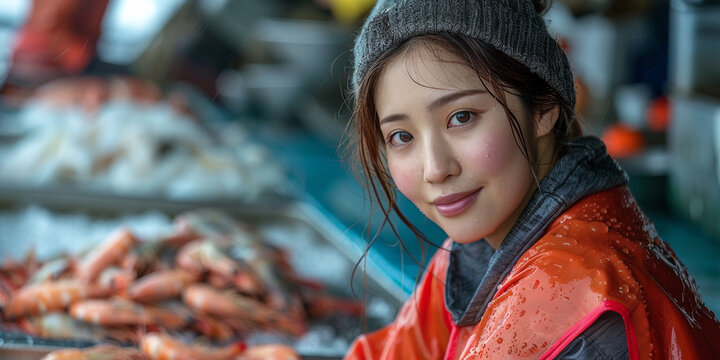 A pretty Asian fish seller in smiles, embodying local culture.