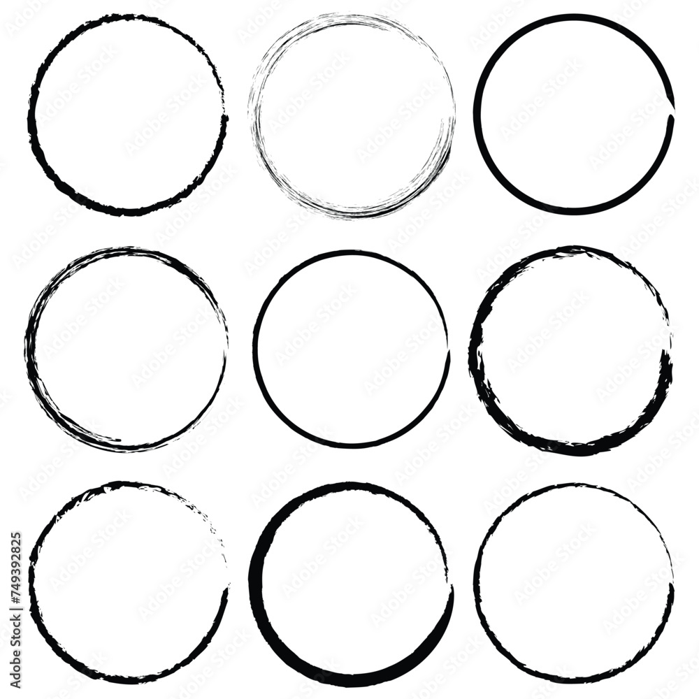Aufkleber set of black grunge frames. vector set of round frames and borders, painted with an ink brush. black
