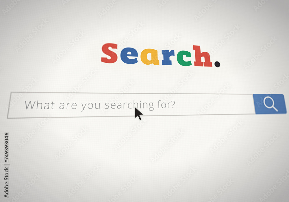 Poster internet, cyberspace and search engine with bar on screen for research, information or resource. com