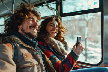a happy couple using their phones on the bus