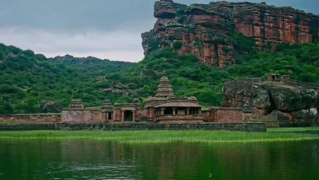 View of ancient Bhutanatha temple at Badami next to Agasthya lake.
