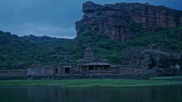 View of ancient Bhutanatha temple at Badami next to Agasthya lake.