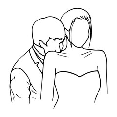 man tenderly kisses a woman behind her. hand-drawn groom tender kiss on the back of the bride