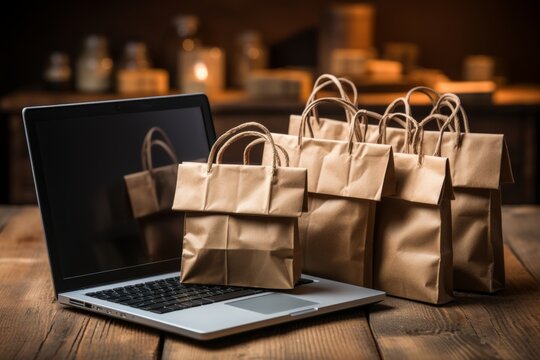 a visually appealing composition featuring product package boxes and a shopping bag inside a cart, with a laptop displaying a web store for online shopping and delivery