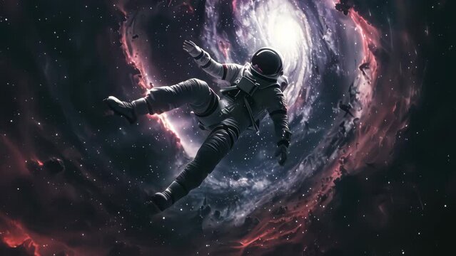 Astronaut into black hole galaxy abstract background. Generative ai.