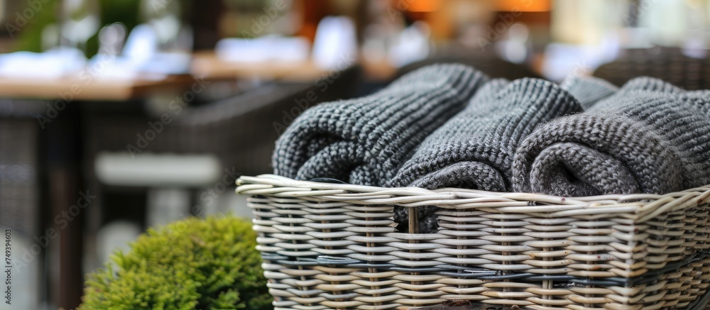Poster a wicker basket filled with towels is neatly placed on top of a wooden table. the towels are neatly 