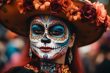 D?a de los Muertos festival in Latin American countries. People organize carnivals, decorate altars with marigolds, wear themed costumes and put on appropriate makeup - obrazy, fototapety, plakaty