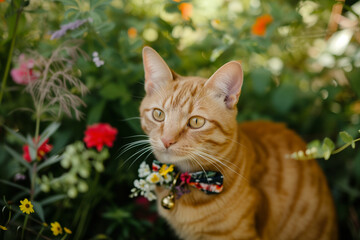 Naklejka na ściany i meble An orange tabby cat with a wedding ring attached to its collar sits among a floral arrangement.