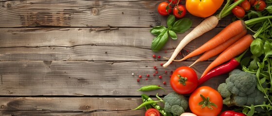 Fresh Organic Vegetables Arranged on Wooden Tabletop, Top View Snapshot, on the leftis space for text