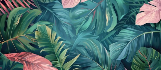 A close-up view of a green and pink wallpaper adorned with lush tropical leaves, creating a vibrant and eye-catching display. The detailed design showcases the intricate patterns and textures of the