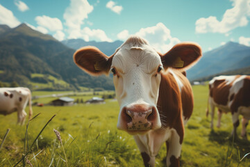 A curious cow stands in a green pasture with mountains in the background