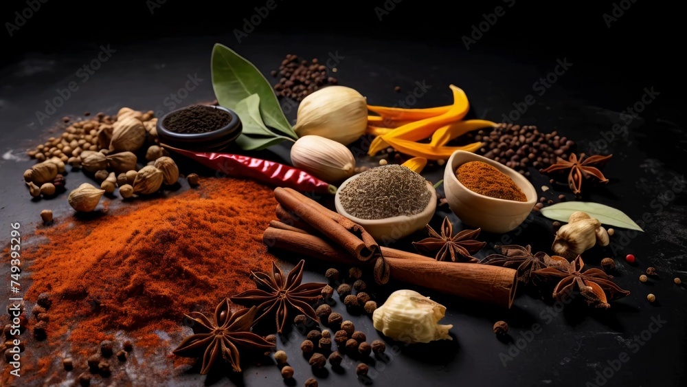 Poster Assorted spices displayed on a table, perfect for culinary projects.