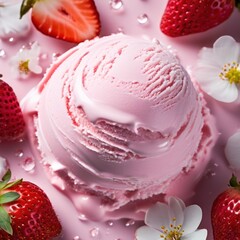 A sweet pink bowl piled high with scoops of strawberry ice cream, fresh strawberries, and a sprig of mint