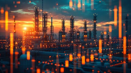 Fototapeta premium Industrial oil and gas facility with storage tanks and price chart backdrop. Concept Oil and Gas Industry, Industrial Facility, Storage Tanks, Price Chart, Backdrop