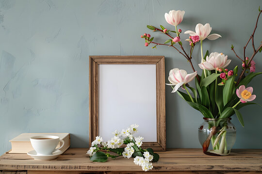 Easter breakfast still life. Blank picture frame mockup. Wooden bench, table composition with cup of coffee, old books. Spring bouquet of pink tulips, white daffodils. Hawthorn, guelder rose flowers.