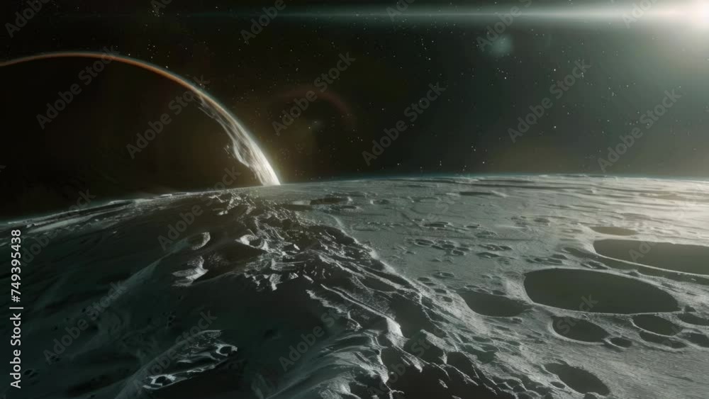 Poster Moon surface view with moon in the background. Suitable for space exploration concepts.