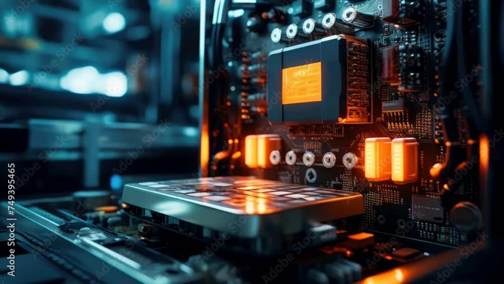 Poster Detailed close-up of a computer motherboard. Suitable for technology concepts.