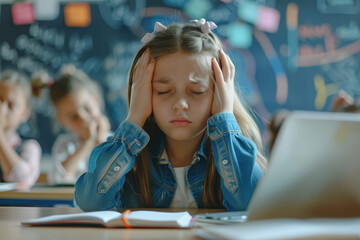 Tired schoolgirl having headache during class in the classroom - obrazy, fototapety, plakaty