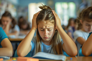 Tired schoolgirl having headache during class in the classroom