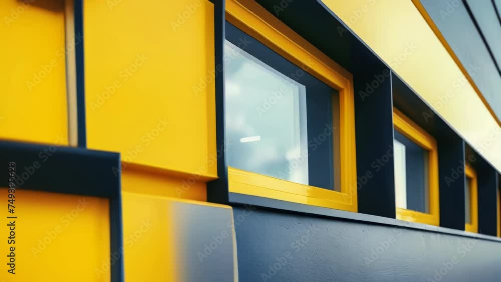 Poster detailed view of a yellow and black building. ideal for architectural projects.
