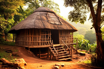 A beautiful traditional Ethiopian mud house with a thatched roof - obrazy, fototapety, plakaty