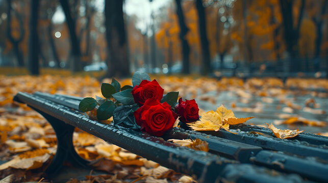 Forgotten bouquet of red roses lies on bench in an empty autumn park. Concept of Bad Date, Worst Date Stories, generative ai