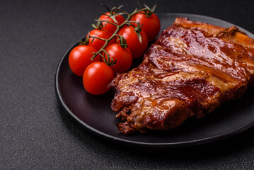 Delicious smoked or grilled ribs with olives, spices and herbs